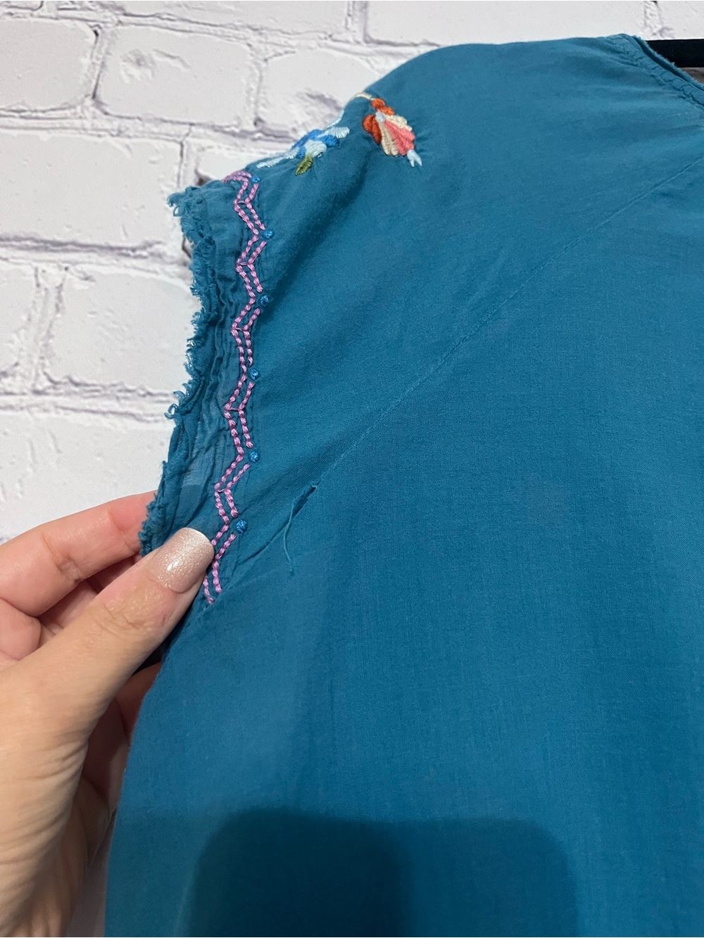 Johnny Was 3J Workshop Blouse Embroidered Boho Tunic Top Blue Size Medium DESC - Picture 8 of 12